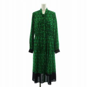 19AW ホースプリントボウタイワンピース ミモレ ロング 長袖 馬柄 36 S 緑 グリーン 紺 ネイビー 29431186