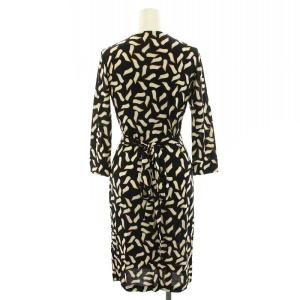 DIANE von FURSTENBERG NEW JULIAN TWO カシュクールワンピース ひざ丈 七分袖 総柄 シルク 2 S 黒 ブラック 白 ホワイト
