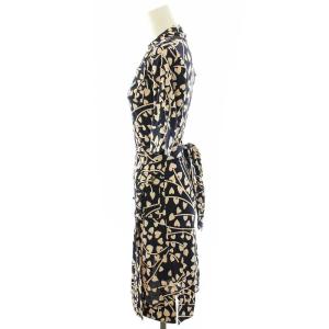 DIANE von FURSTENBERG FULLER カシュクールワンピース ひざ丈 五分袖 総柄 シルク 2 S 紺 ネイビー ベージュ タグ付き