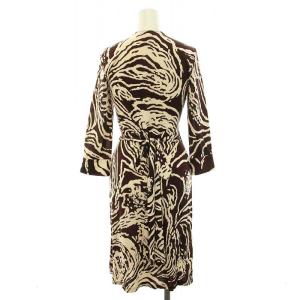 DIANE von FURSTENBERG VINTAGE JULIAN カシュクールワンピース ひざ丈 総柄 七分袖 シルク 2 S 茶 ブラウン 白 ホワイト