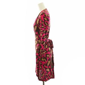 DIANE von FURSTENBERG VINTAGE JULIAN MINI カシュクールワンピース ひざ丈 七分袖 ヒョウ柄 レオパード シルク 2 S ピンク