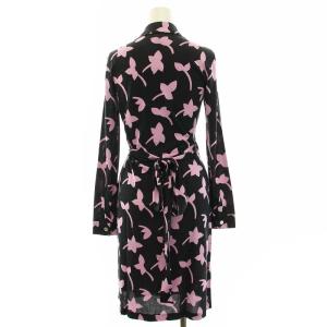 DIANE von FURSTENBERG NEW JEANNE カシュクールワンピース ひざ丈 長袖 総柄 シルク 2 S 黒 ブラック ピンク タグ付き