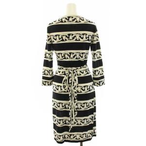 DIANE von FURSTENBERG NEW JULIAN TWO カシュクールワンピース ひざ丈 七分袖 鎖柄 総柄 シルク 2 S 黒 ブラック 白 ホワイト