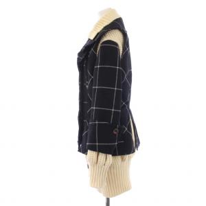 sacai ニットドッキングコート ミドル丈 チェック柄 ウール 2 M 黒 ブラック 白 ホワイト 15-002295