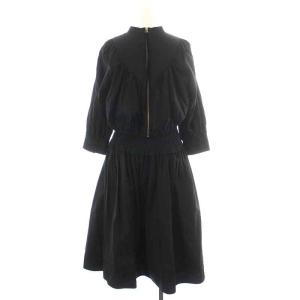 BORDERS at BALCONY ワンピース ひざ丈 フレア 七分袖 ギャザー シャーリング ハイネック 36 S 黒 ブラック