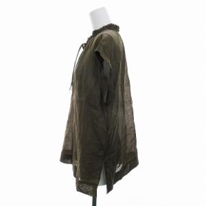 SHIPS タグ付き 23SS リネンフリルブラウス リボン スリット シアー シースルー ノースリーブ 半袖 F カーキ 311-52-0660-6899