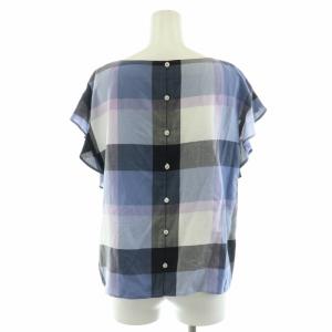 BLUE LABEL CRESTBRIDGE シャツ ブラウス プルオーバー チェック フリル袖 フレンチスリーブ ボートネック バックボタン 半袖 36 S 青 ブルー