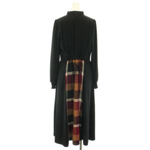 BLUE LABEL CRESTBRIDGE ドライサテンシャツドレス ワンピース ロング バンドカラー 長袖 レースアップ リボン チェック柄切替 36 S 黒 ブラック