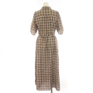 BLUE LABEL CRESTBRIDGE フレアワンピース ロング チェック柄 五分袖 リボン付き インナー付き 38 M ベージュ 赤 レッド