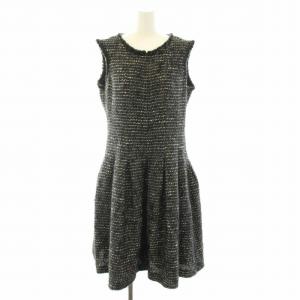 René TISSUE社製生地 ツイードワンピース ロング ミモレ ラウンドネック ノースリーブ ウール モヘヤ混 38 L 黒 ブラック