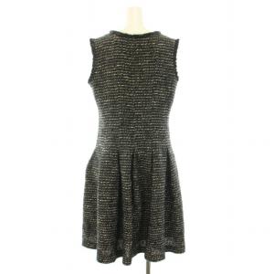 René TISSUE社製生地 ツイードワンピース ロング ミモレ ラウンドネック ノースリーブ ウール モヘヤ混 38 L 黒 ブラック