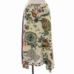 スカート ロング ミモレ丈 総柄 シルク 12 XL 白 ホワイト マルチカラー