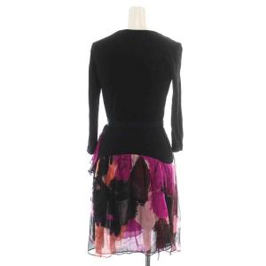 DIANE von FURSTENBERG ワンピース ひざ丈 フレア リボン カシュクール Vネック 七分袖 総柄 絹 シルク 0 XS 黒 ブラック ピンク