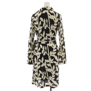 DIANE von FURSTENBERG vintage ジェーン JEANNE ワンピース ひざ丈 長袖 カシュクール スキッパー 総柄 リーフ リボン 絹 シルク