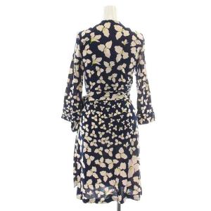 DIANE von FURSTENBERG ワンピース ひざ丈 七分袖 リボン カシュクール Vネック 総柄 花柄 絹 シルク 2 S 紺 ネイビー ベージュ