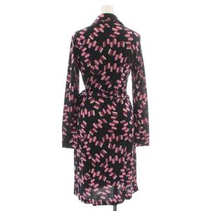 DIANE von FURSTENBERG タイトワンピース ひざ丈 長袖 カシュクール スキッパー リボン 総柄 絹 シルク 2 S 黒 ブラック ピンク