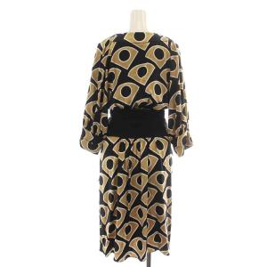 DIANE von FURSTENBERG ワンピース ひざ丈 フレア 七分袖 カシュクール Vネック 総柄 リボン 絹 シルク 2 S 黒 ブラック ゴールド色 白