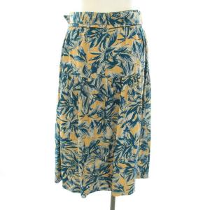 OLD ENGLAND グランドフラワープリントスカート ひざ丈 フレア 花柄 ベルト タグ付き 34 S ベージュ 青 ブルー