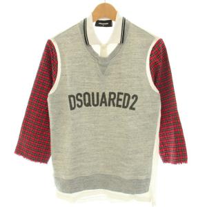 DSQUARED2 カットソー スウェット トレーナー ポロシャツドッキング レイヤード風 長袖 袖チェック柄 ロゴプリント S グレー 白 ホワイト