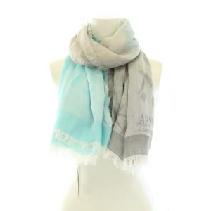 ARMANI COLLEZIONI ストール マフラー フリンジ ロゴプリント レーヨン 保存箱付き タグ付き グレー 水色 ライトブルー
