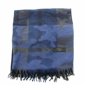 EPOCA UOMO ストール フリンジ カモフラ 迷彩柄 ウール混 ロゴ 紺 ネイビー 黒 ブラック