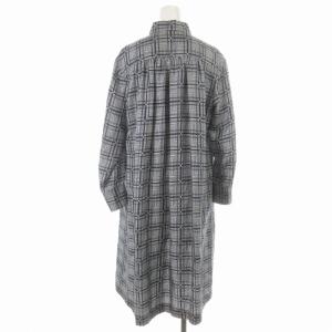 OLD ENGLAND シャツワンピース ミモレ ロング 総柄 絹 シルク 長袖 36 S 紺 ネイビー 白 ホワイト