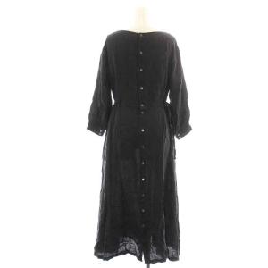 nest Robe ワンピース ロング マキシ フレア 七分袖 ボートネック サイドリボン 麻 リネン 黒 ブラック