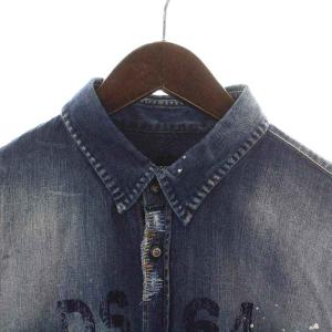 DSQUARED2 カジュアルシャツ デニム レイヤード 長袖 ペイント リペア ダメージ USED加工 ロゴプリント 50 L 紺 ネイビー