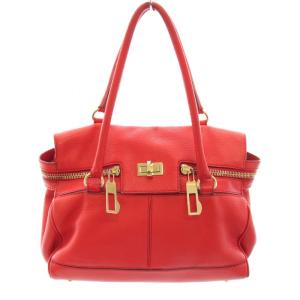 マルゴーバッグレッドレザーサイドジッパー ハンドバッグ 赤 レッド ゴールド /YT