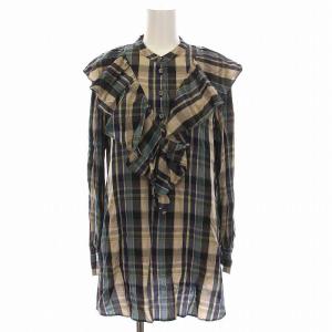 21AW フリルスタンドブラウス シャツ バンドカラー 長袖 チェック 38 M ベージュ 黒 青 紺