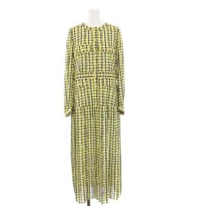 22AW ツイードプリントワンピース 長袖 ロング プルオーバー プリーツ 38 M 黄色 イエロー