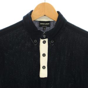 GIORGIO ARMANI ポロシャツ ニット ハーフボタン ボタンダウン 半袖 コットン 48 M 紺 ネイビー 白 ホワイト