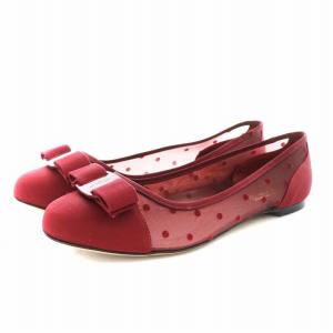 Salvatore Ferragamo ヴァラリボン パンプス ラウンドトゥ ドット柄 シースルー シアー 7.5 25.0cm 赤 レッド