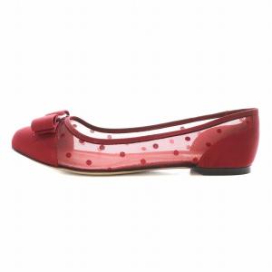 Salvatore Ferragamo ヴァラリボン パンプス ラウンドトゥ ドット柄 シースルー シアー 7.5 25.0cm 赤 レッド