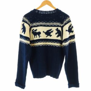 DSQUARED2 カウチンニット セーター 長袖 クルーネック 総柄 ウール S 紺 ネイビー 白 ホワイト