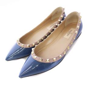 バレリーナ パンプス フラット ポインテッドトゥ ロックスタッズ エナメル 36.5 23.5cm 青 ブルー