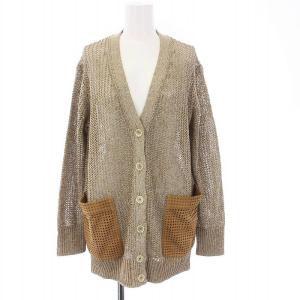 カーディガン ニット 長袖 スエードポケット 鍵編み S ベージュ
