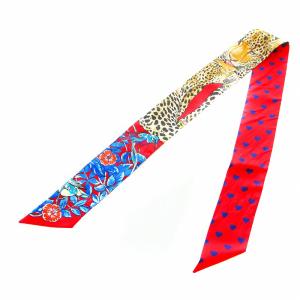 HERMES ツイリー Jungle Love Love ジャングル ラブ ラブ スカーフ リボンスカーフ アニマル柄 ハート シルク 赤