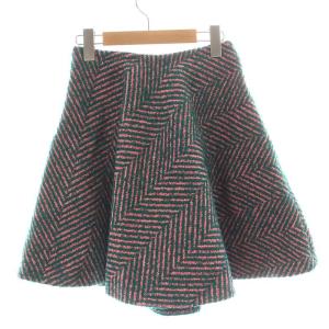 PRADA フレアスカート ひざ丈 ヘリンボーン ツイード モヘア混 絹 シルク混 36 XS 緑 グリーン ピンク