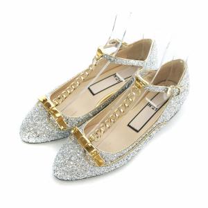 グリッターパンプス バレエシューズ ラウンドトゥ ローヒール チェーンストラップ ラメ リボン 36 23.0cm