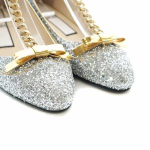 N°21 グリッターパンプス バレエシューズ ラウンドトゥ ローヒール チェーンストラップ ラメ リボン 36 23.0cm