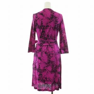 DIANE von FURSTENBERG ラップワンピース ひざ丈 長袖 総柄 シルク 絹 2 S ピンク 黒 ブラック