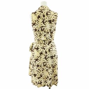 DIANE von FURSTENBERG ラップワンピース ひざ丈 ノースリーブ 総柄 シルク 絹 4 M ベージュ 茶 ブラウン