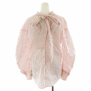 MSGM シャツ ブラウス 長袖 ストライプ柄 バックリボン コットン 40 S 白 ホワイト 赤 レッド