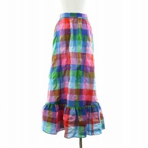 kate spade new york フレアスカート ロング丈 チェック柄 裾ティアード コットン S マルチカラー ピンク 赤 レッド 青 ブルー 紫 パープル