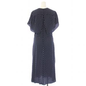 STELLA McCARTNEY フレアワンピース ミモレ ロング 半袖 Vネック シルク 犬 ドッグ 総柄 40 M 紺 ネイビー