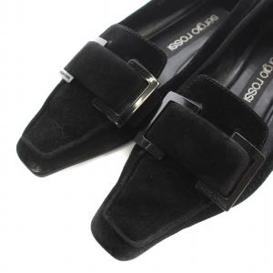 Sergio Rossi ローファー パンプス スエード スクエアトゥ フラット 37 24.0cm 黒 ブラック