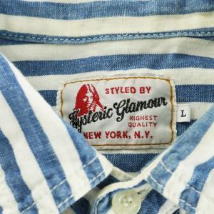 HYSTERIC GLAMOUR シャツ 長袖 ストライプ柄 ロゴ コットン 麻 リネン混 L 青 ブルー 白 ホワイト