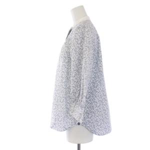 OLD ENGLAND シャツ ブラウス 七分袖 バンドカラー 花柄 34 S 白 ホワイト 紺 ネイビー