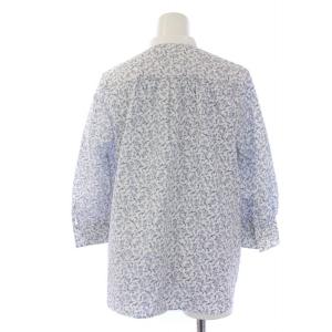 OLD ENGLAND シャツ ブラウス 七分袖 バンドカラー 花柄 34 S 白 ホワイト 紺 ネイビー